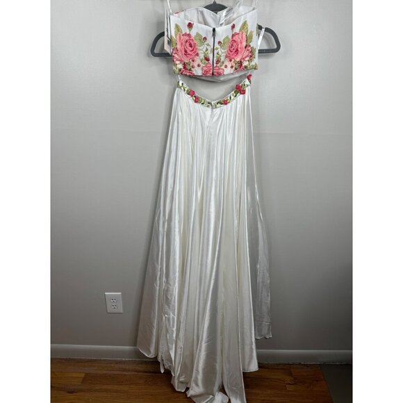 Sherri Hill 2 piece Ivory Floral Bodice Charmeuse Skirt Flower Appliques Size 0 - Picture 9 of 12